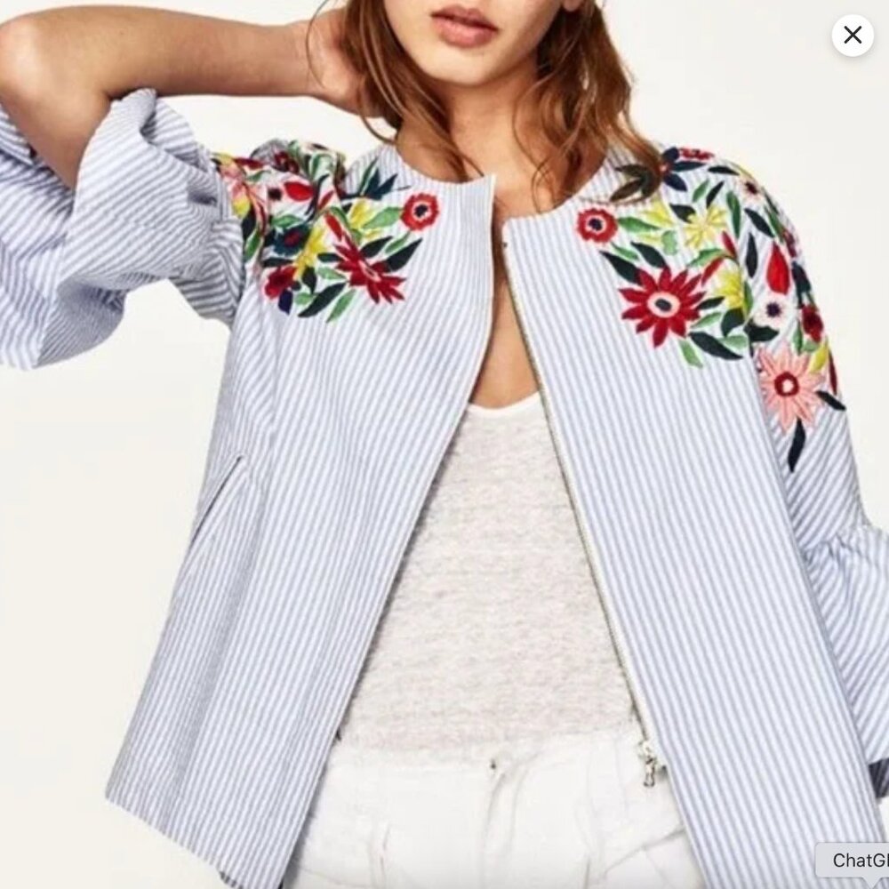 Zara Striped Seersucker Floral Embroidered Jacket